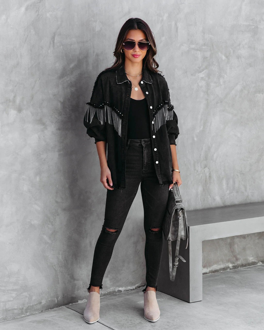 Women Denim Jacket with Chain Rivet Fringe