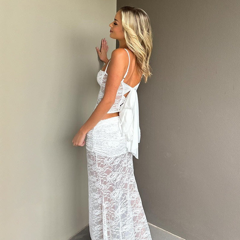 White Lace Two-Piece Backless Spaghetti Strap Set