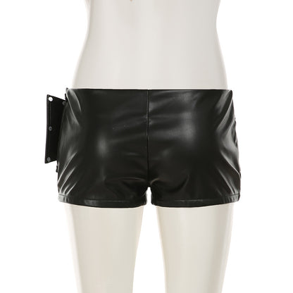 Black Faux Leather Shorts for Women with Buckle Low Waist