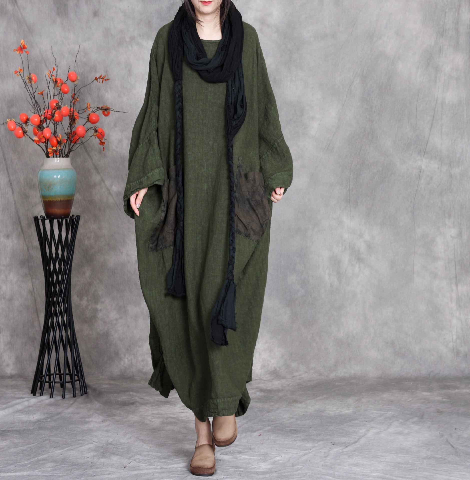 Plus size linen maxi dress loose long sleeve with pockets