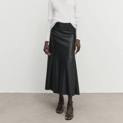 Women’s Genuine Leather High Waist Midi Skirt
