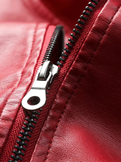 Red Faux Leather Jacket for Women Imitation Biker Leather Coat