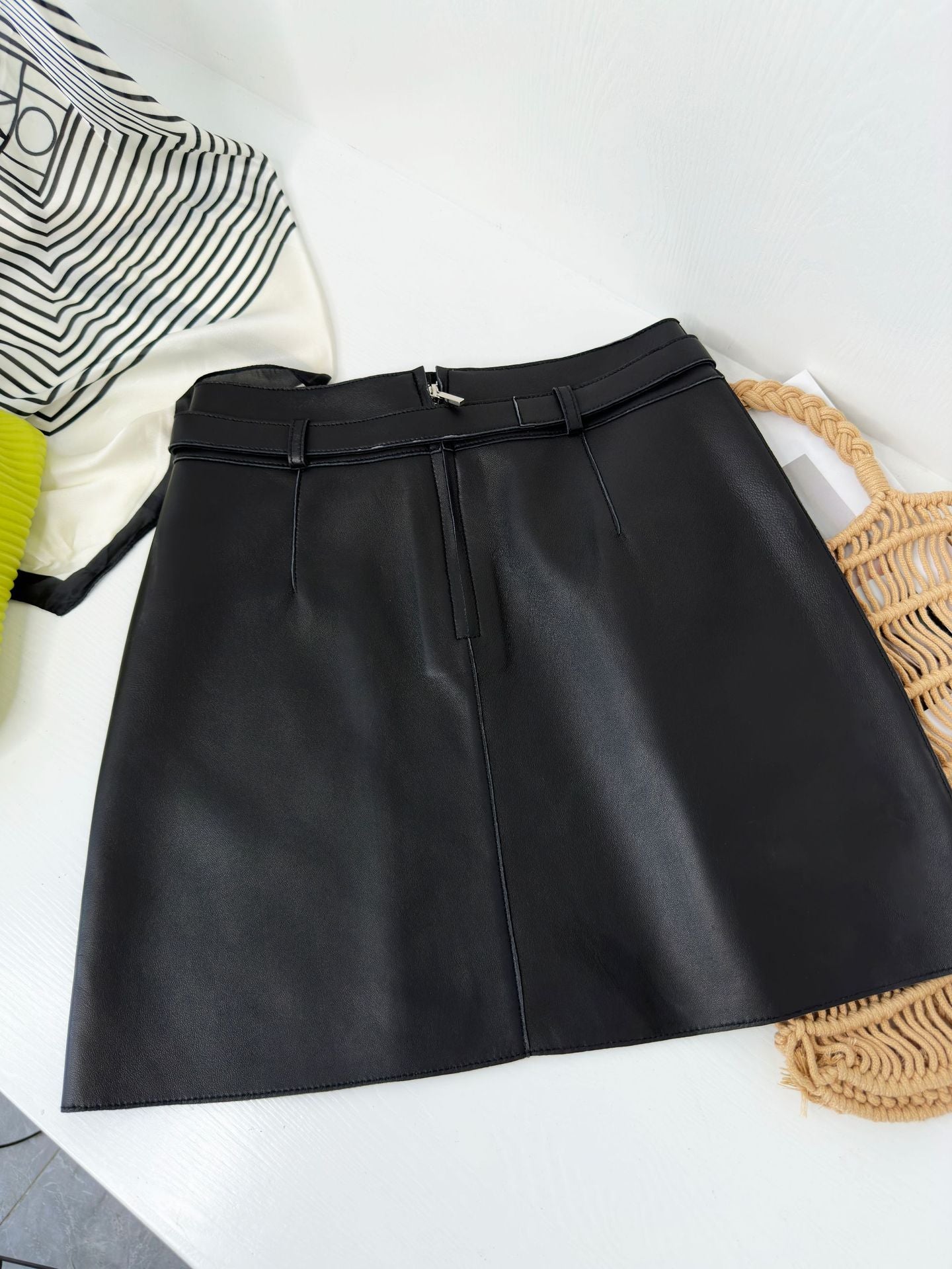 Genuine Leather A-Line Mini Skirt With Belt