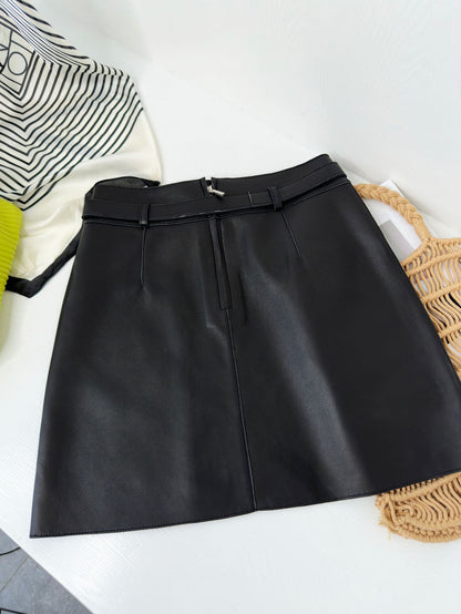 Genuine Leather A-Line Mini Skirt With Belt
