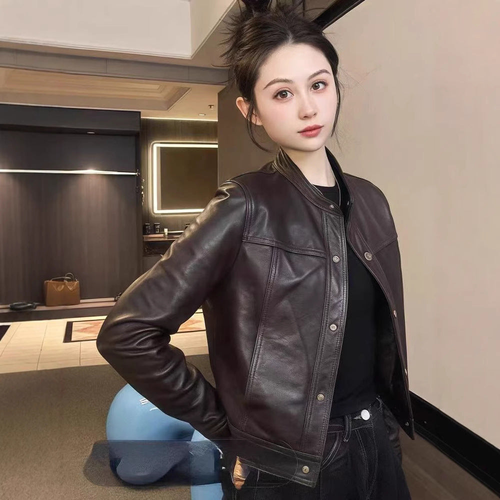Women slim fit sheepskin biker leather jacket