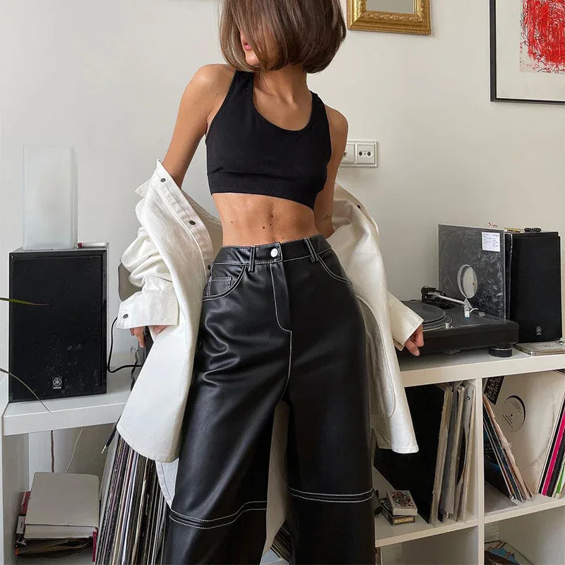 Women faux leather wide leg pants high waist