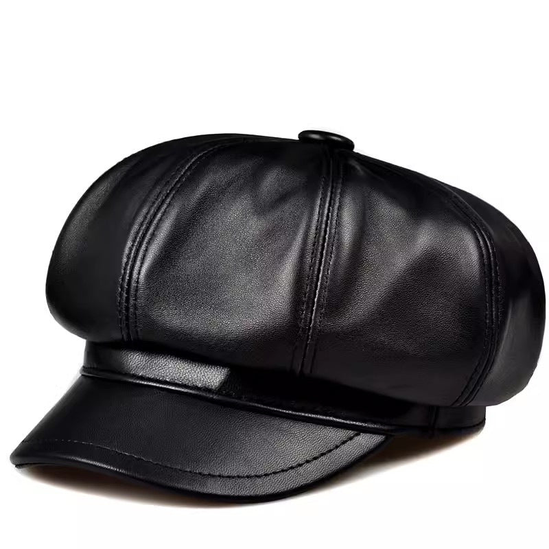 Women’s Genuine Leather Newsboy Cap with Short Brim