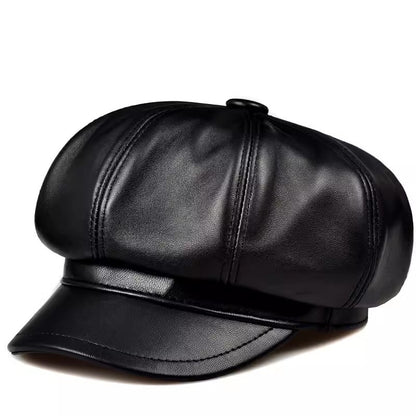 Women’s Genuine Leather Newsboy Cap with Short Brim