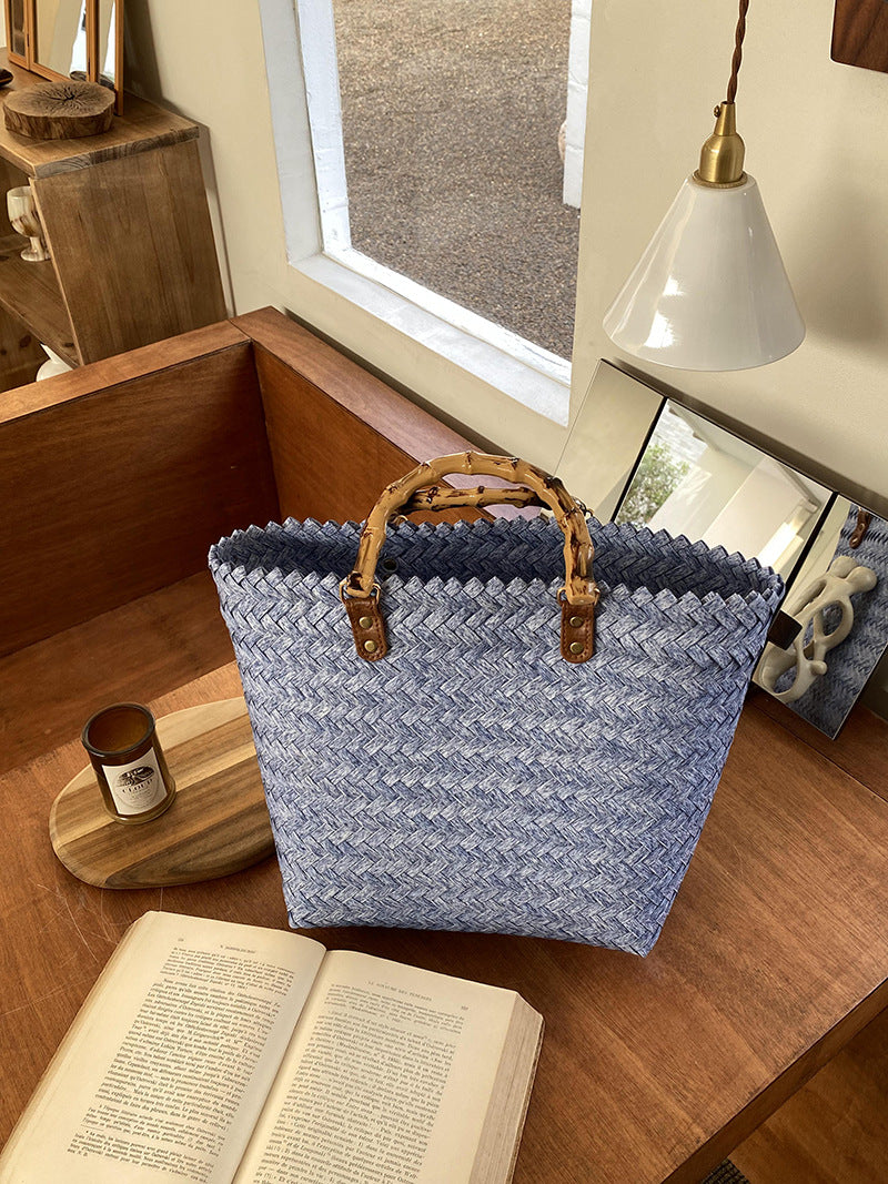 Woven Summer Tote Bag With Bamboo Handle