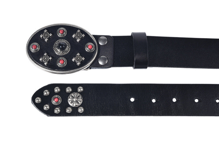 Black Leather Biker Belt with Rivets for Men and Women