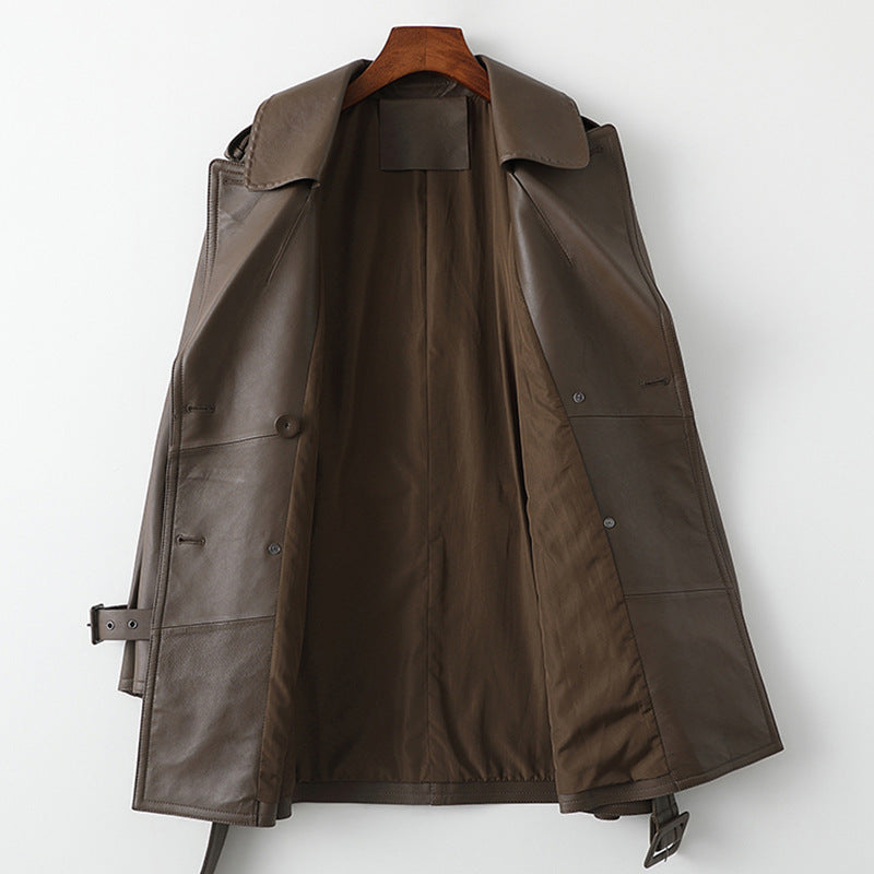 Mid length women leather trench jacket coat