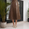 Brown Faux Leather Midi Skirt with Bow Belt High Waist