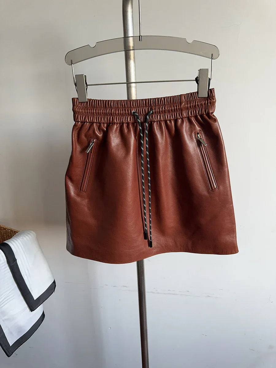 Genuine sheepskin leather mini skirt with drawstring