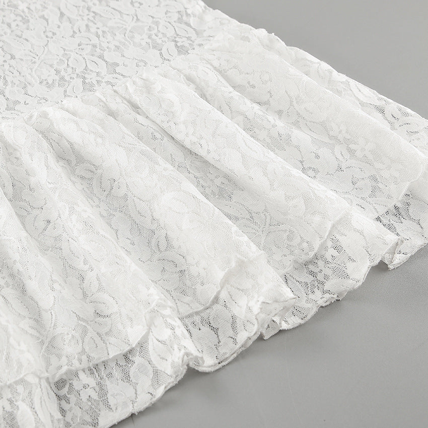 Women’s Sheer Lace High Slit Ruffled White Midi Skirt