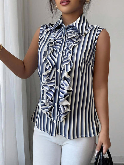 Blue white striped ruffle sleeveless shirt