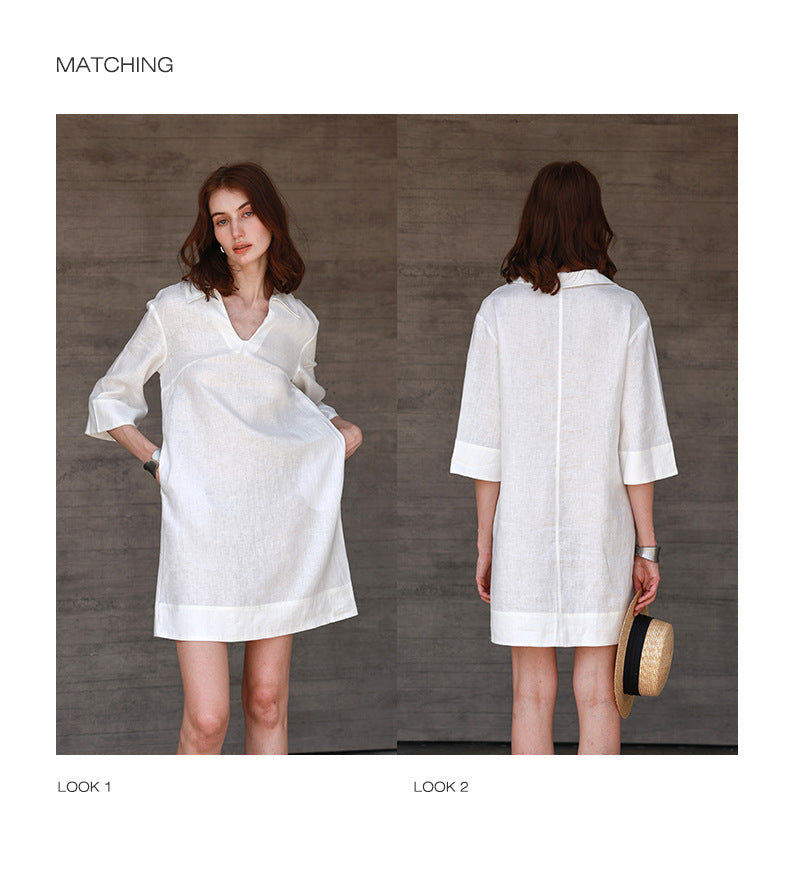 White linen shirt dress v neck half sleeve summer casual