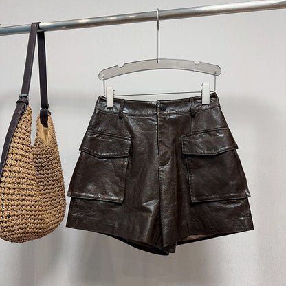 High Waisted Black Genuine Leather Shorts with Front Pockets