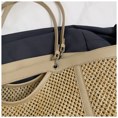 Woven Straw Beach Bag with PU Leather Trim