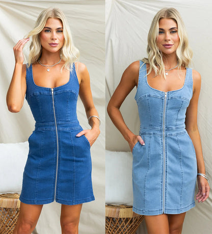 Sleeveless Blue Jean Mini Dress with Zipper Front