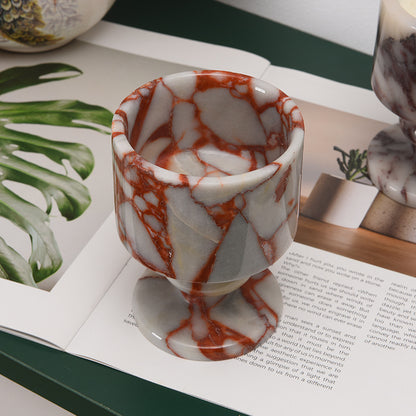 Natural Marble Goblet Candle Holder with Rounded Stem and Red Veining