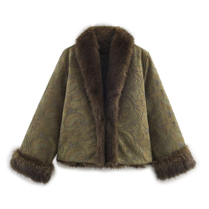 Embroidered reversible faux fur short coat