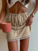 Beige Women Lace Satin Mini Skirt with Drawstring