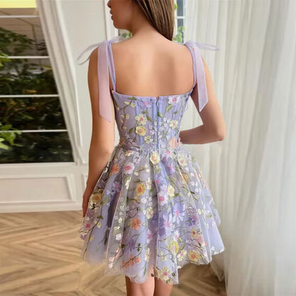 Women's mini sundresses with 3d floral embroidery