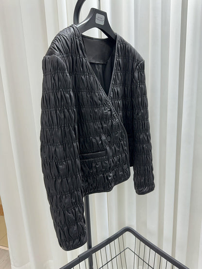 Women Leather Pleated Jacket Quilted V-Neck Short Coat