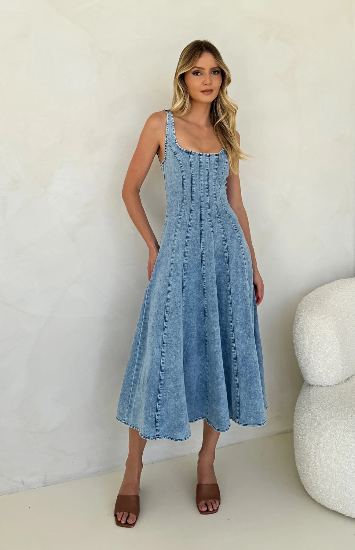 Panelled corset seam denim midi dress