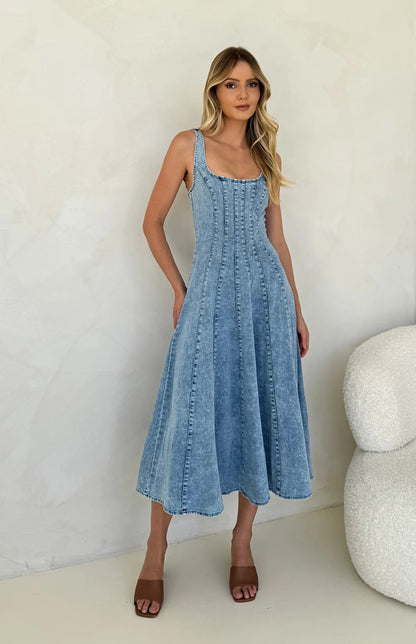 Panelled corset seam denim midi dress
