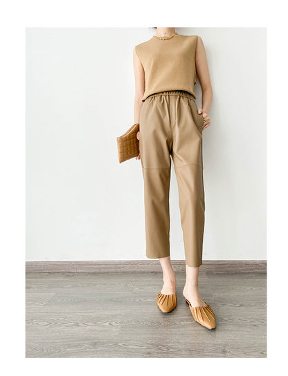 Women Italian Leather Carrot Pants Cropped Straight Leg Elastic Waist