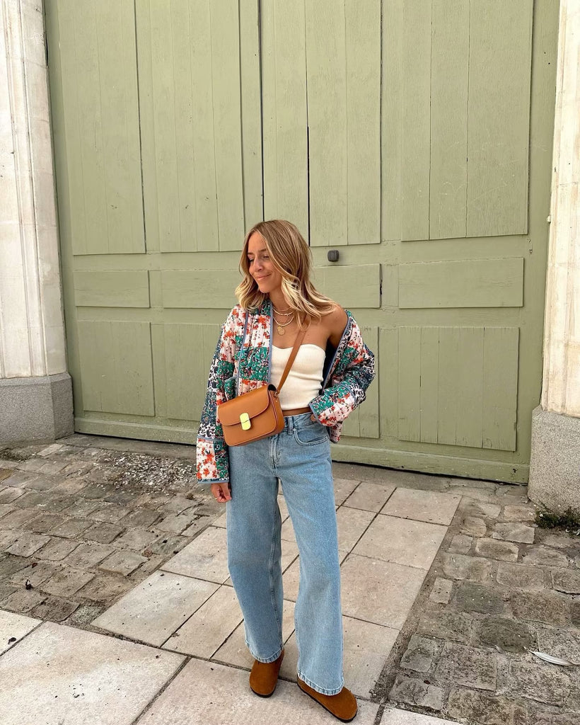 Women Patchwork Floral Print Woven Coat Quilted Polyester Jacket