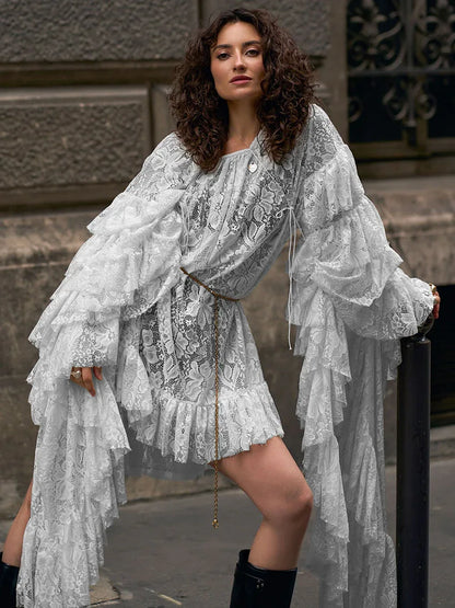 Sheer lace ruffle long sleeve mini dress