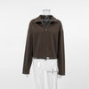 Women Brown Lapel Wool Coat Cropped Loose Fit Zipper Jacket