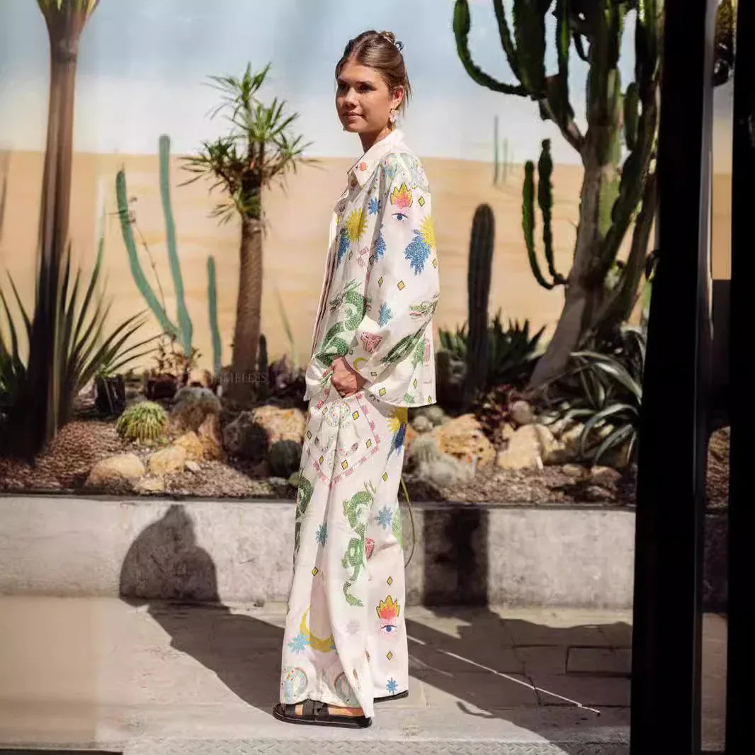 Macaron print linen coastal two piece outfit