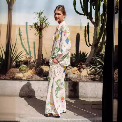 Macaron print linen coastal two piece outfit