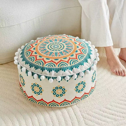 Pouffe Stool with Bohemian Geometric Print and Pom Pom Trim