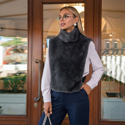 Women Faux Fur Sleeveless Vest Top High Collar