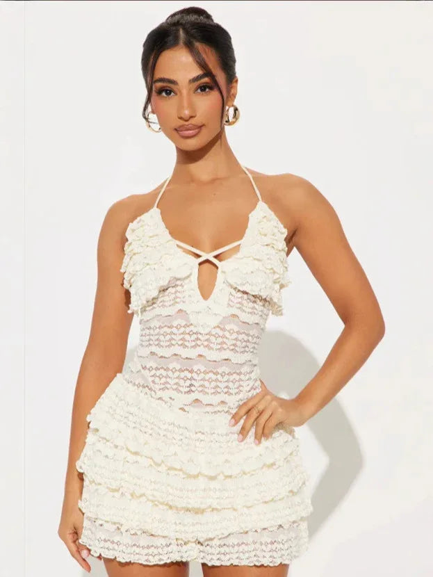 Lace halter ruffle mini dress for women