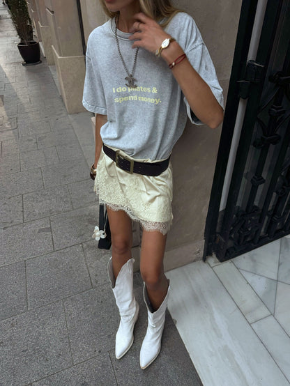 Satin Lace Splicing High Waist Mini Skirt for Women