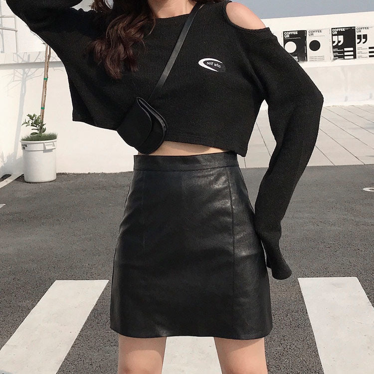 High Waist Black Faux Leather Mini Skirt for Women