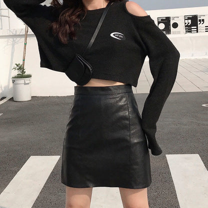 High Waist Black Faux Leather Mini Skirt for Women