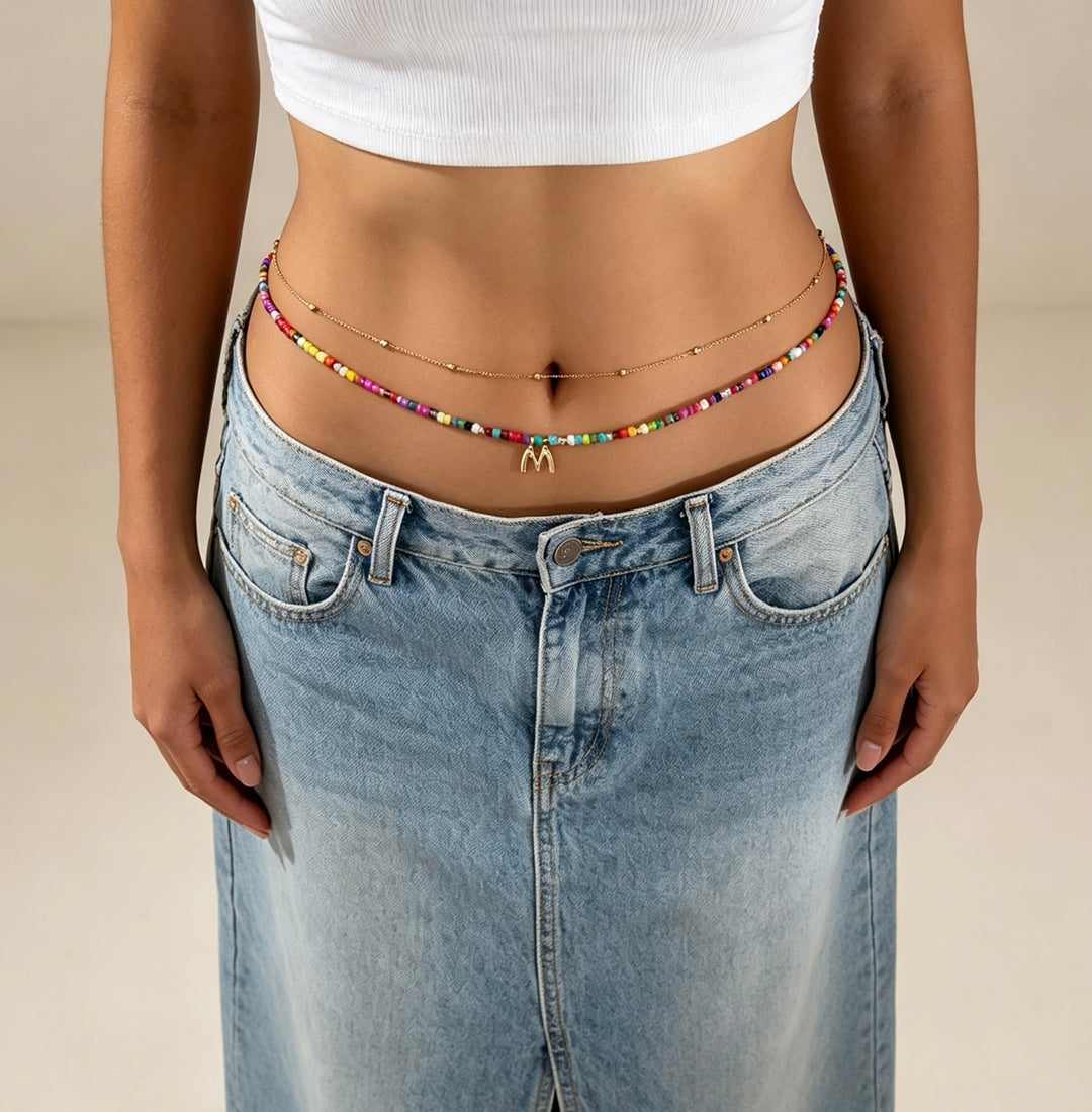 Waist Chain with Multicolor Seed Beads and Initial Pendant