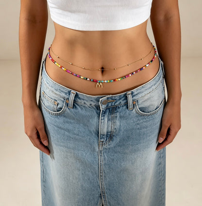 Waist Chain with Multicolor Seed Beads and Initial Pendant
