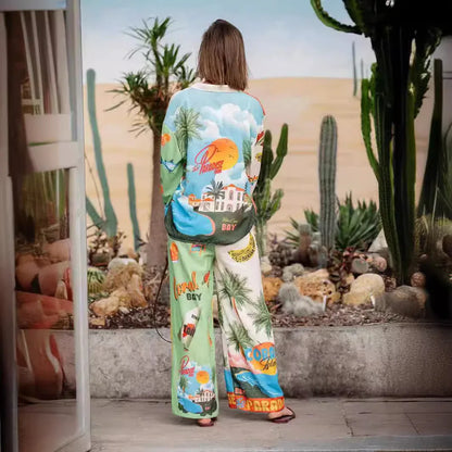 Printed macaron linen long sleeve two piece set