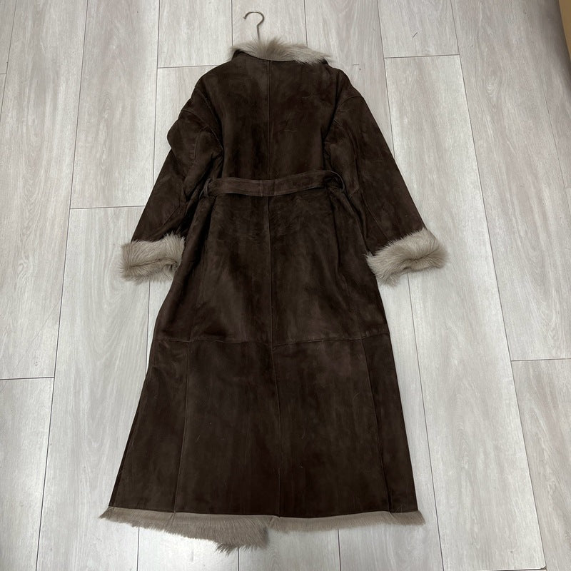 Women Suede Jacket Long Sheepskin Coat