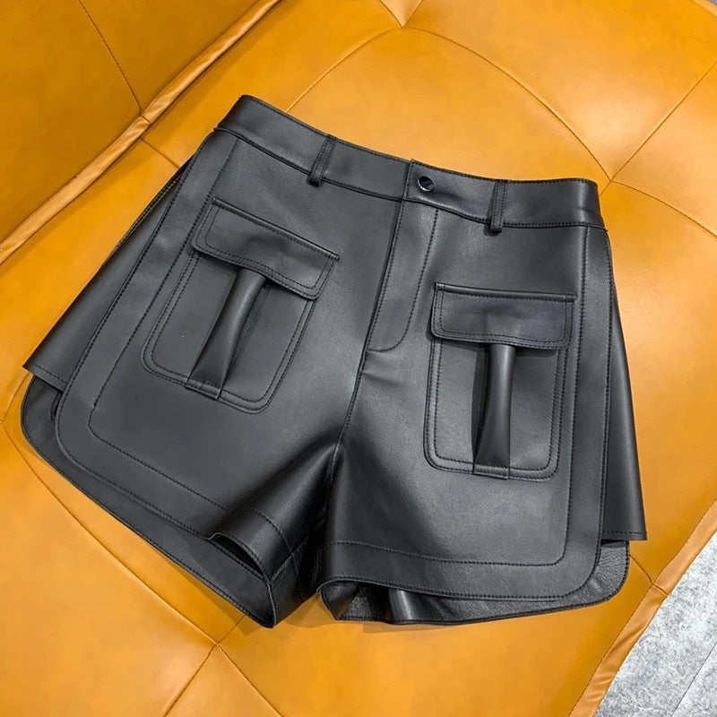 Women Genuine Leather Workwear Shorts High Waisted