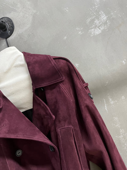 Women Suede Genuine Leather Trench Coat Jacket with Belt