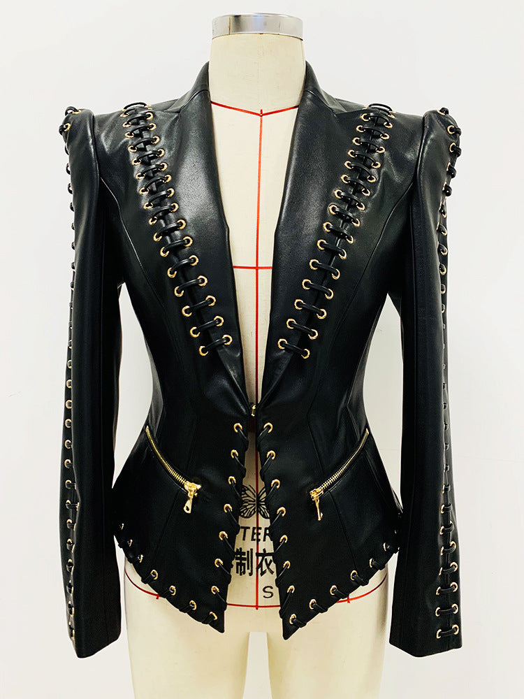 Women slim fit lace up faux leather jacket