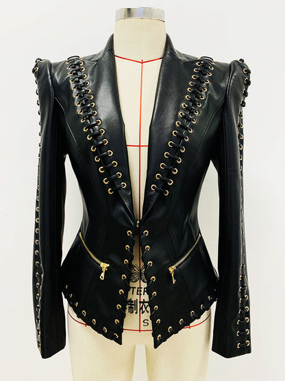 Women slim fit lace up faux leather jacket